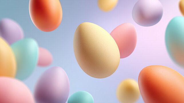 Colorful Easter eggs floating in pastel hues on a soft background  