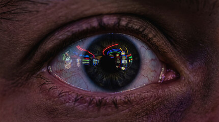 Naklejka premium Extreme close up of red bloodshot eye with reflection of glowing casino slot machines in pupil concept of destructive gambling addiction ludomania hypnotic obsession and psychological trap