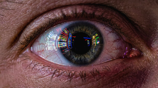 Macro close up of bloodshot tired human eye reflecting bright colorful casino slot machines concept of severe ludomania gambling addiction psychological obsession and sleep deprivation fatigue