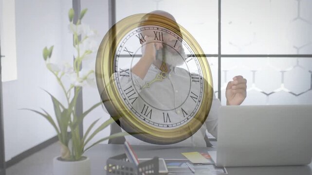 Holding smartphone to ear man wearing shirt gesturing, speaking at modern desk with clock graphic