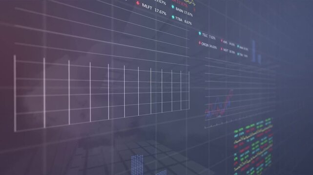 Faint globe initiating market panels unfolding, charts animating showing percent tags for trading