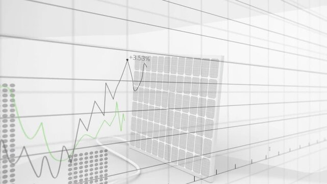 Solar panel leaning in tile corner, scene brightening and line graphs rising showing solar output