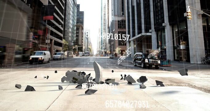 Vertical video: Popping 3D euro symbol crashing onto downtown avenue, scattering numeric HUD