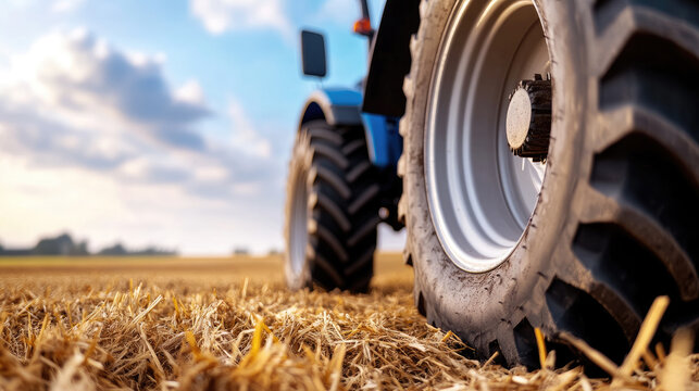 Modern farm tractor wheel with deep treads working on dry ground, churning the earth and scattering soil debris, symbolizing agricultural productivity and rural industry