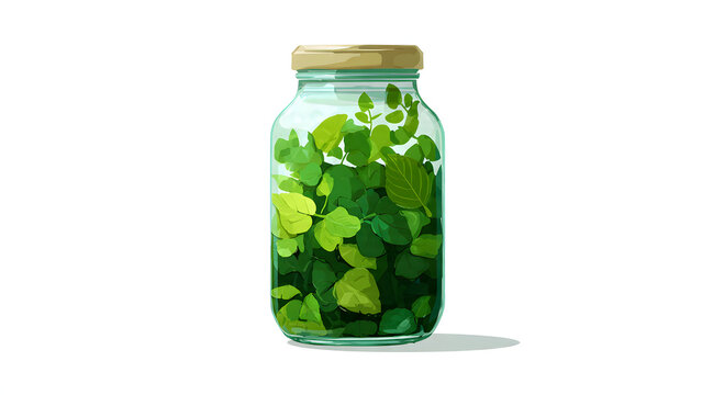 Glass jar isolated on white background with green leave inside