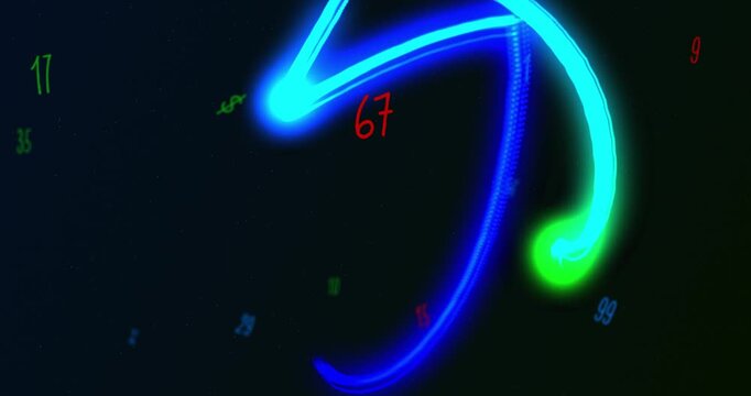 Vertical video: Neon trails looping into parallel lines on dark void after green dot with numbers