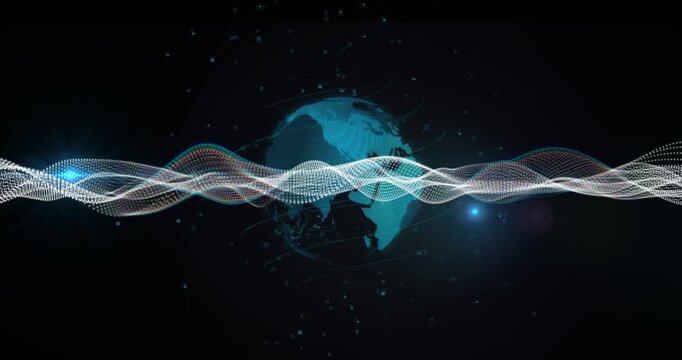 Vertical video: Sweeping waveform initiating turquoise globe rotating in dark void, showing data