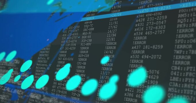 Camera pulling back revealing world map in data grid showing turquoise dots updating readouts