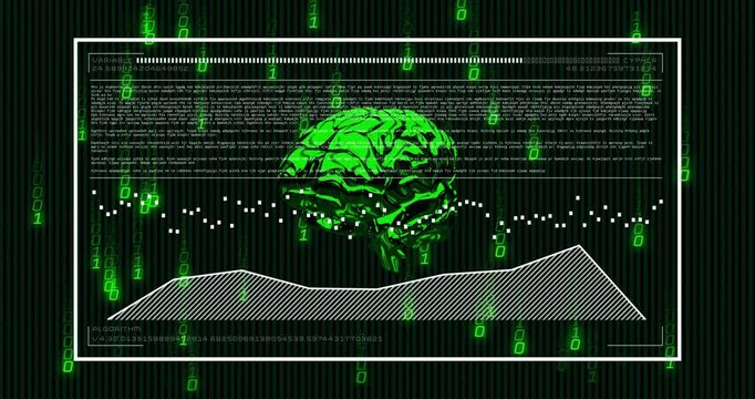 Vertical video: Animating neon brain pulsing in frame, bar filling, waveform and binary shifting