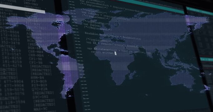 View pulling back revealing purple map across panes, terminal overlay scrolling code for monitoring