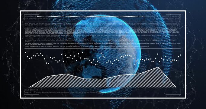 Blue globe rotating in HUD markers appearing starting polyline polygon morphing showing tech data
