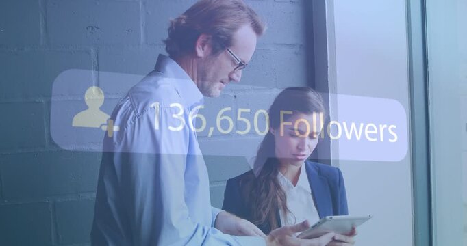 Man tapping tablet, guiding junior and reviewing marketing metrics while follower overlays rising