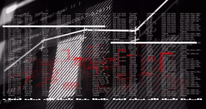 Finance HUD building from data feed, numeric columns, red bars and trend line forming for analysis