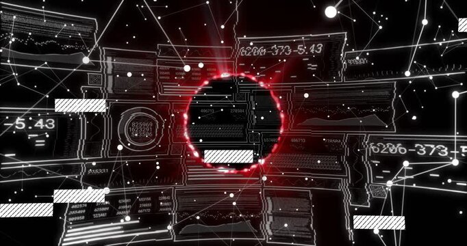 Central void pulsing red ring sparking sliding hatched bars, shifting labels, displaying tech data