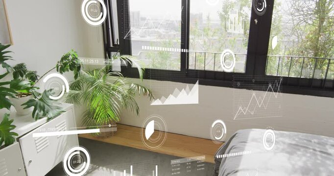 Vertical video: Bedroom corner showing AR HUD fading in, animating graphs and gauges for tech data