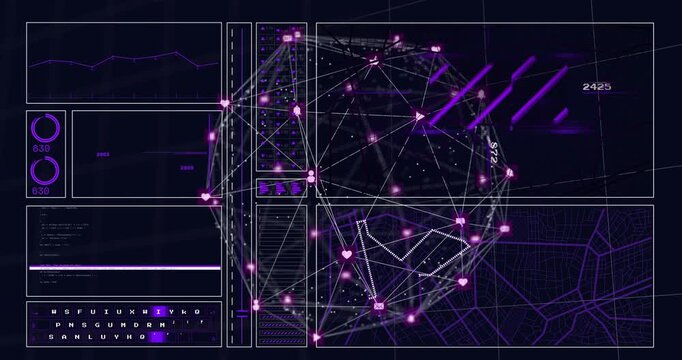 Vertical video: Receiving pink beams 3D wire orb pulsing nodes tracing polygon for analysis on HUD