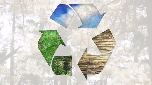 Vertical video: Showing recycle sign on loop, animating sky grass wood over forest to show cycles