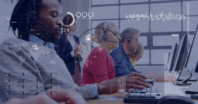 Overlay showing, agent in gray sweater typing on keyboard handling calls at call center, copy space