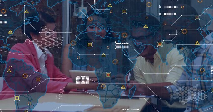 Vertical video: Handing tablet, lead in pink blazer guiding team reviewing at table, HUD overlaying