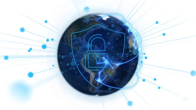 Vertical video: Starting nodes appearing left, globe forming padlock securing net on white backdrop