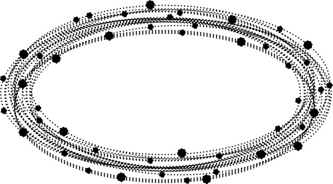 Elliptical orbit paths formed by dotted lines creating layered loop structures