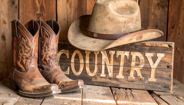 Western boots, hat, and a rustic country sign on wood