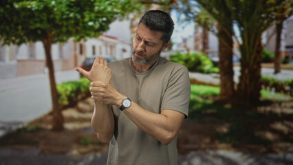 Fototapeta premium Man holding wrist and inspecting it while wearing watch in park street under trees and sunlit greenery; pain recovery.