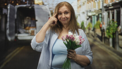 Fototapeta premium Woman holding pink and white tulip bouquet with hands and gesturing with finger beside a parked van and shops on street; serenity.