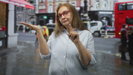 Fototapeta premium Senior woman in red glasses holds palm up and points index finger on a street with a red double decker bus and wet pavement, pedestrians visible; disapproval advice.