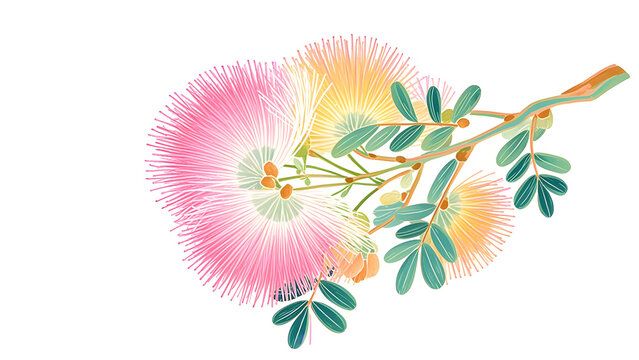 Pink and yellow powderpuff flowers with green leaves on white background