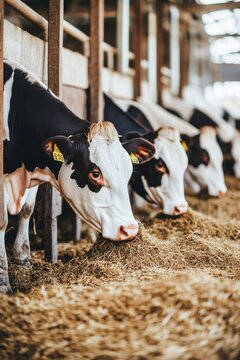 Group of cows eating hay in cowshed on dairy farm during the day