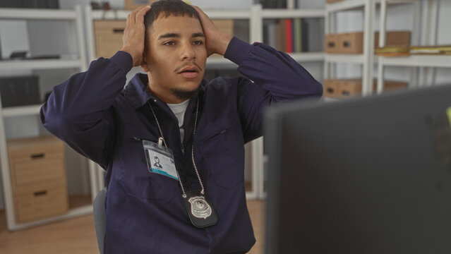 Young hispanic man police investigator wearing badge and id holds head with both hands at desk looking at computer monitor in building; frustration.