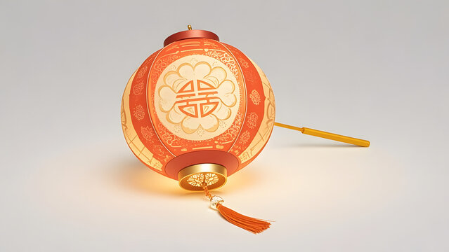 Red and gold Chinese lantern with double happiness symbol on white background