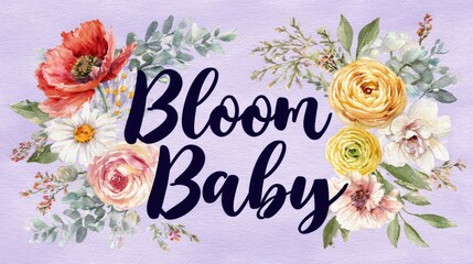 Bloom Baby floral watercolor wreath with handwritten calligraphy on light background