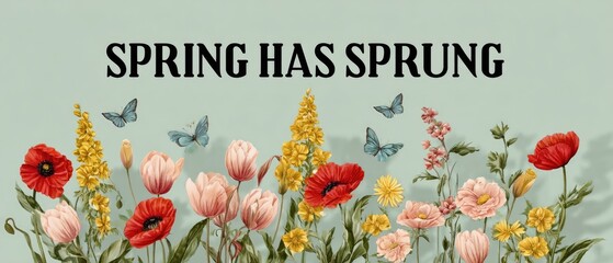 Fototapeta premium Spring has sprung floral banner with butterflies and blooming flowers on pastel background