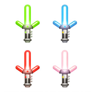 Four light sabers in green, blue, red, and pink as isolated element