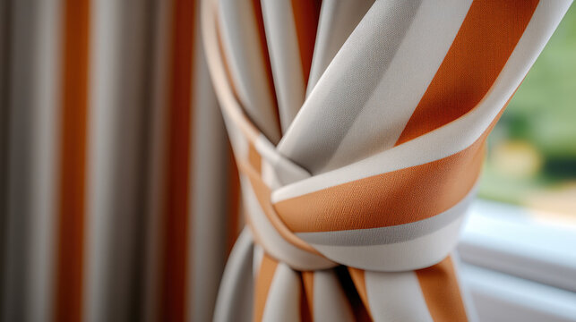 Gently pulled back striped fabric with a distinct orange and white pattern hangs in a contemporary home, allowing bright daylight to illuminate the interior space through a window