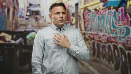 Fototapeta premium Man with hand on chest clutching chest, wincing and eyes closed, possible heartattack on a graffiti-lined street; panic urgency.