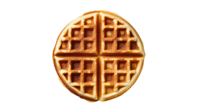 Isolated delicious golden brown round waffle, freshly prepared for breakfast or a sweet dessert.