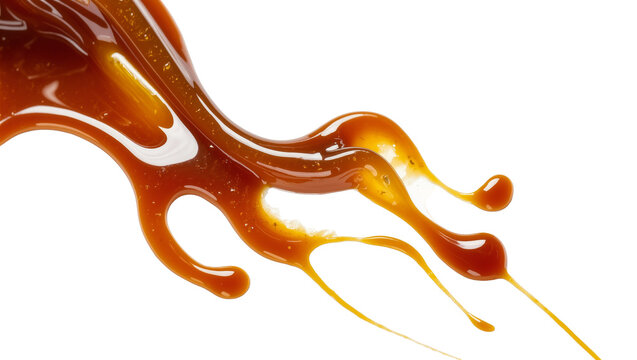 Isolated flowing caramel sauce with artistic drips and abstract curves, a delicious sweet dessert ingredient