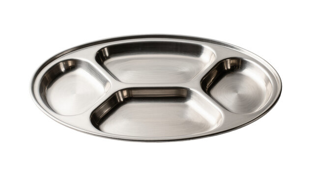 Isolated shiny stainless steel metal oval five-compartment plate for serving various food items