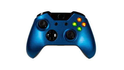 Isolated bright blue wireless game controller with illuminated buttons for console gaming © Timo
