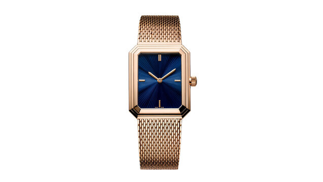 Isolated luxurious rectangular rose gold women's watch with radiant blue sunburst dial and mesh band.