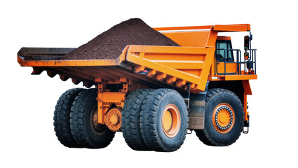 Isolated gigantic orange mining dump truck loaded with a mound of soil, heavy industrial vehicle. © Timo