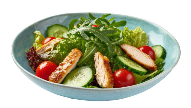 Isolated fresh salad with grilled chicken slices, crisp lettuce, arugula, and cucumber in a ceramic bowl