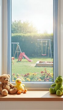 Window with pet proof screen overlooking backyard playground. Safety mesh blocker for home protection. Mesh net keeping kitten and cat away from falling. Child safety in nursery room.
