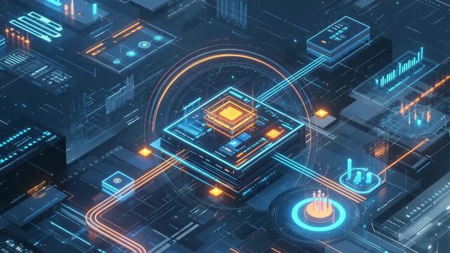 Modern abstract digital circuit board with glowing elements, microchips, and futuristic user interface elements, representing AI, innovation, and advanced computing technology concepts.