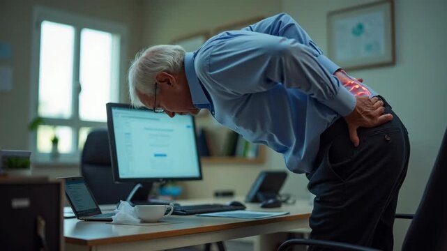 Elderly man experiencing lower back pain while standing up from workdesk. Concept of office ergonomics, chronic pain, and workplace health for seniors and professionals.