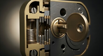 Fototapeta premium Close-up of a cutaway lock mechanism with a key inserted, showing internal components and springs.