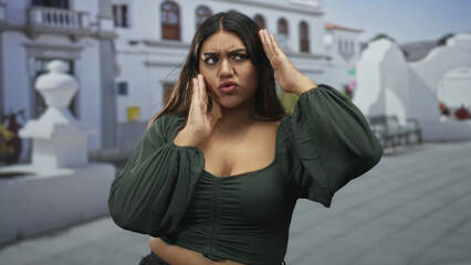 Fototapeta premium Woman hispanic plus size touching temples and brushing hair while wearing green blouse and cropped top on white stucco street; headache discomfort.